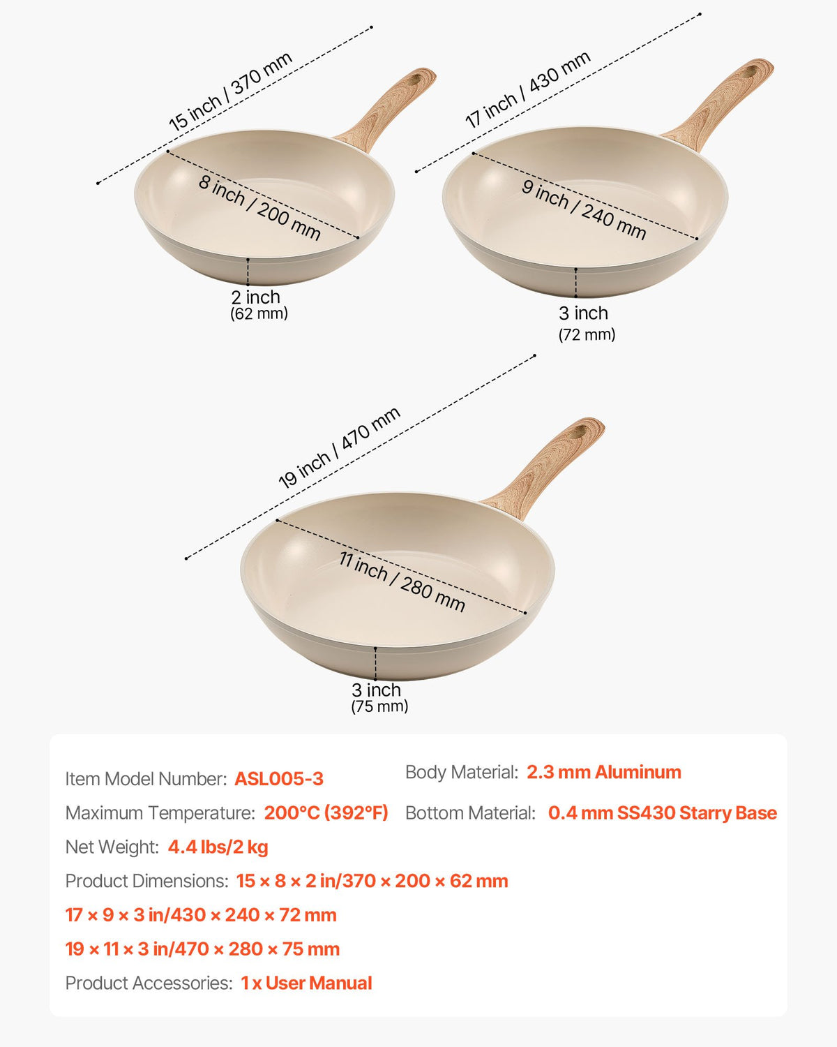 Stekpanna, Äggpannor i Aluminium, 3 st (200, 240, 280 mm), Stekpannor i Keramik med Värmebeständigt Handtag, Kockens Köksredskap för Gas, El, Induktion, Beige