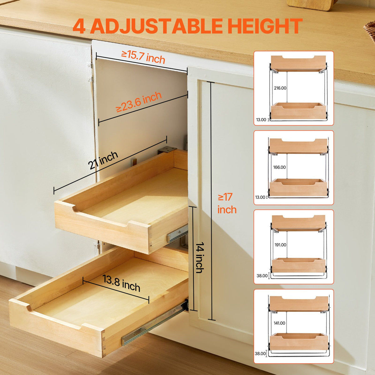 Utdragbart skåp med 2 nivåer, 14"B x 21"D, mjukstängande utdragbar hylla, kraftig skjutbar trälåda, justerbar underskåpsorganisation för kök, skafferi, badrum