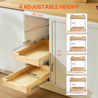 Utdragbart skåp med 2 nivåer, 14"B x 21"D, mjukstängande utdragbar hylla, kraftig skjutbar trälåda, justerbar underskåpsorganisation för kök, skafferi, badrum