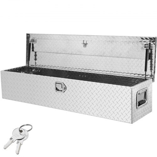 Kraftig verktygslåda i aluminium för lastbilsflak, verktygslåda med diamantplåt och sidohandtag och låsnycklar, verktygslåda för förvaring, organisatör för pickup, lastbilsflak, husbil, släpvagn, 121,9x38,1x38,1 cm, silver