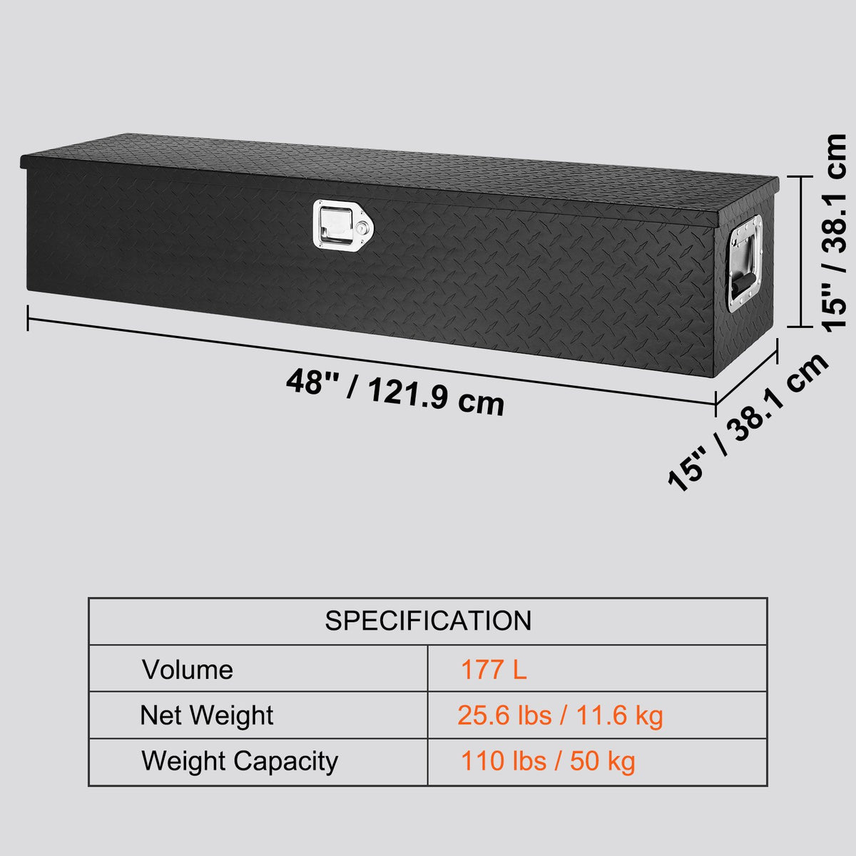 121,9x38,1x38,1 cm kraftig verktygslåda i aluminium med slitbana för flak av lastbil