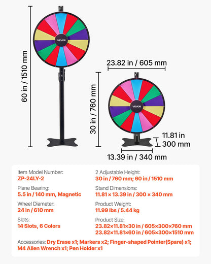 610 mm Spinning Prize Wheel, 14 Slots Spinning Wheel with Stand, Adjustable Height Win Fortune Roulette with a Dry Erase and 2 Markers, 6 Colors, Easy Assembly, for Party Pub Trade Show Carnival