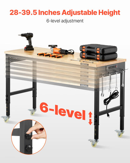 1524 mm justerbar arbetsbänk, 907 kg belastning, arbetsbänk med eluttag, hjul och hylsplatta, kraftig arbetsbord i ekträ för garage, verkstad, kontor och hem