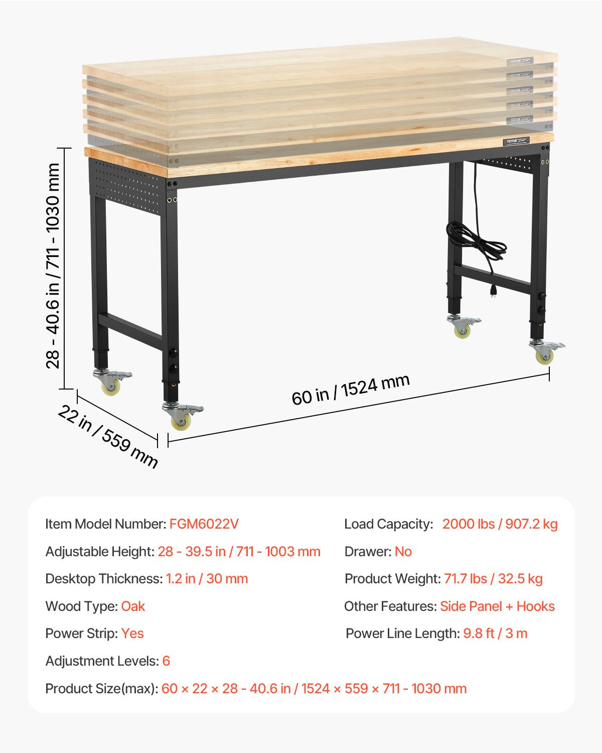 1524 mm justerbar arbetsbänk, 907 kg belastning, arbetsbänk med eluttag, hjul och hylsplatta, kraftig arbetsbord i ekträ för garage, verkstad, kontor och hem