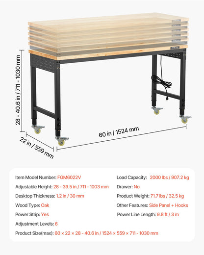 1524 mm justerbar arbetsbänk, 907 kg belastning, arbetsbänk med eluttag, hjul och hylsplatta, kraftig arbetsbord i ekträ för garage, verkstad, kontor och hem