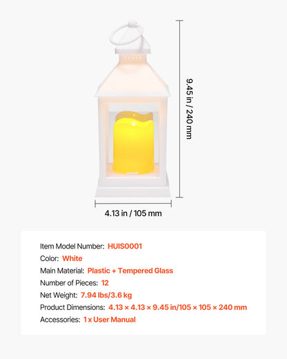 12 st dekorativa ljuslyktor, LED elektriska flamlösa ljus, plast LED-hållare med glas, vägghängande inomhusverandalyktor för bröllopsbordsfest bondgårdsdekor inomhus, vit