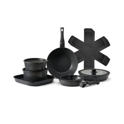 17-delat kastrull- och stekpannset, granit non-stick kokkärl med avtagbart handtag, platsbesparande induktionskokar, köksset för husbil med stekning, sås och sauté, lock med härdat glas, ugnssäker, svart
