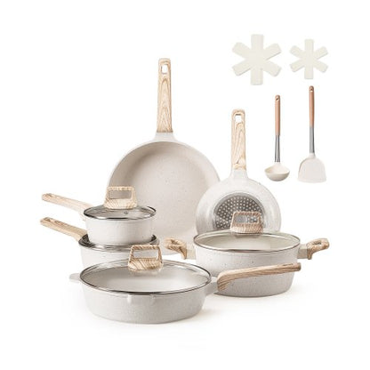 17-delat kastrull- och stekpannset, kokkärlsset i granit med nonstick-beläggning, induktionskokkärl, kokkärl för husbilar med stekning, sås och sauté, lock i härdat glas och stekpannskydd, vit