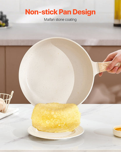 17-delat kastrull- och stekpannset, kokkärlsset i granit med nonstick-beläggning, induktionskokkärl, kokkärl för husbilar med stekning, sås och sauté, lock i härdat glas och stekpannskydd, vit