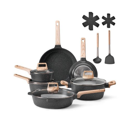 17-delat kastrull- och stekpannset med nonstickbeläggning, kokkärlsset i granit, induktionskokkärl, kokkärl för husbilar med stekning, sås och sauté, lock i härdat glas och stekpannskydd, svart