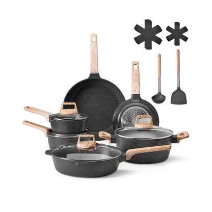 17-delat kastrull- och stekpannset med nonstickbeläggning, kokkärlsset i granit, induktionskokkärl, kokkärl för husbilar med stekning, sås och sauté, lock i härdat glas och stekpannskydd, svart