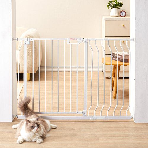 Baby Gate, 74.9-122.9 cmExtra Wide, 76.2 cm High, Dog Gate for Stairs Doorways and House, Easy Step Walk Thru Auto Close Child Gate Pet Security Gate with Pressure Mount Kit and Wall Mount Kit, White