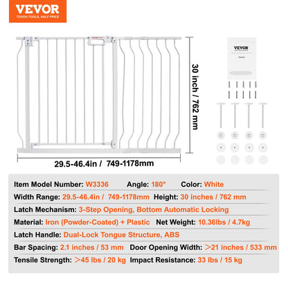 Baby Gate, 74.9-122.9 cmExtra Wide, 76.2 cm High, Dog Gate for Stairs Doorways and House, Easy Step Walk Thru Auto Close Child Gate Pet Security Gate with Pressure Mount Kit and Wall Mount Kit, White