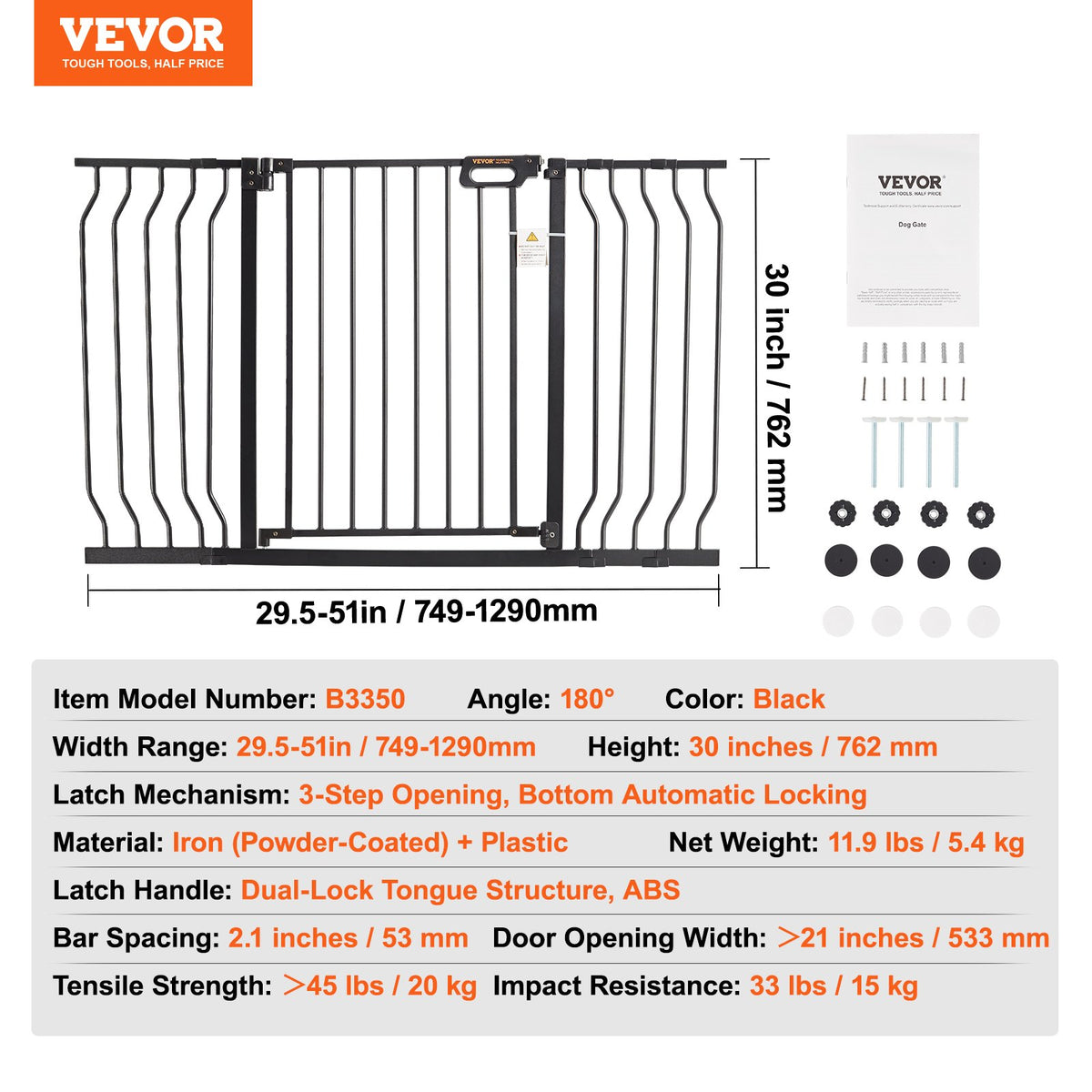 Baby Gate, 29.5"-51" Extra Wide, 30" High, Dog Gate for Stairs Doorways and House, Easy Step Walk Thru Auto Close Child Gate Pet Security Gate with Pressure Mount Kit and Wall Mount Kit, Black
