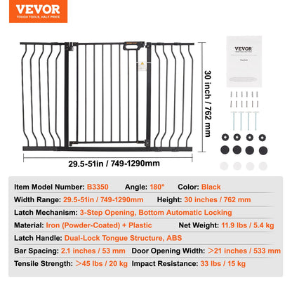 Baby Gate, 29.5"-51" Extra Wide, 30" High, Dog Gate for Stairs Doorways and House, Easy Step Walk Thru Auto Close Child Gate Pet Security Gate with Pressure Mount Kit and Wall Mount Kit, Black