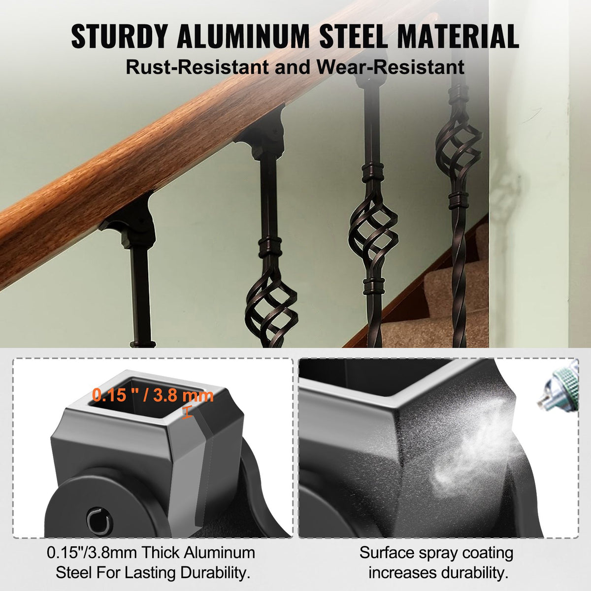 Balusterskor i aluminiumlegering, fyrkantiga balustrar, smidesspindlar för trapphus, sneda balustrar med skruvhål för 1/2-tums trappbalustrar, svarta (50 st) (skruvar säljs separat)