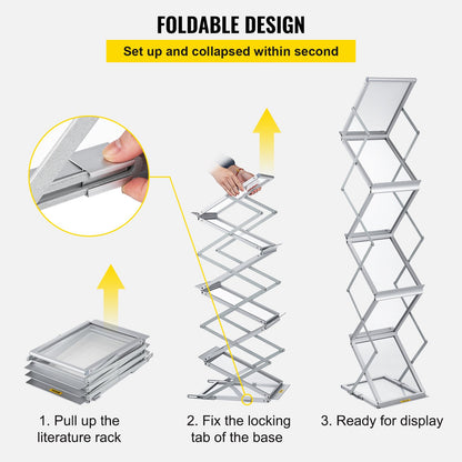 Literature Rack, 6 Pockets, Pop up Aluminum Magazine Rack, Lightweight Catalog Holder Stand w/ Carrying Bag for Living Room, Hotel, Trade Show, Exhibition, Office