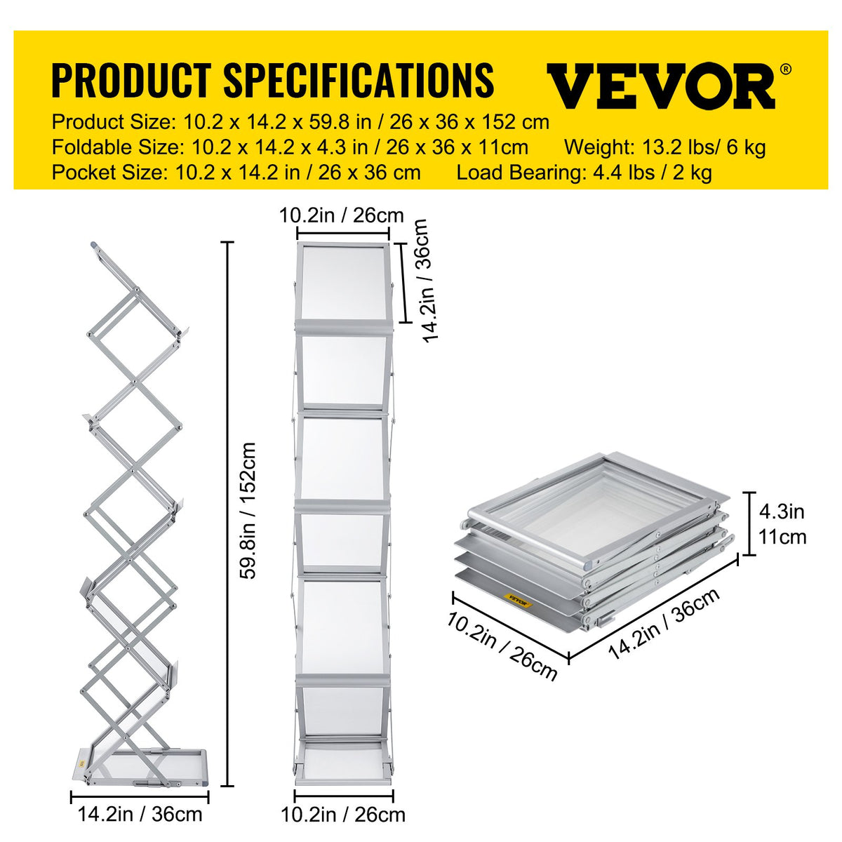 Literature Rack, 6 Pockets, Pop up Aluminum Magazine Rack, Lightweight Catalog Holder Stand w/ Carrying Bag for Living Room, Hotel, Trade Show, Exhibition, Office