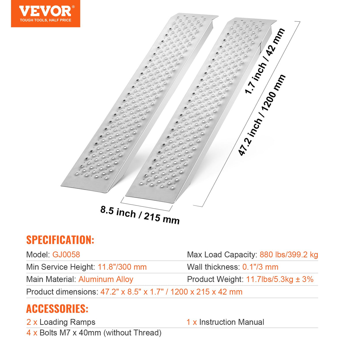 Bärbara lastramper, 2 st 1200 x 215 mm, slitstarkt aluminiumset för skjul med halkfria hål, kompakt design och enkel förvaring, 399,2 kg viktkapacitet, för ATV, traktorer, gräsklippare, vagnar