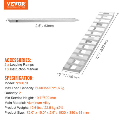 182,9x38,1 cm aluminiumramper 2721,6 kg kapacitet lastramper 2 st