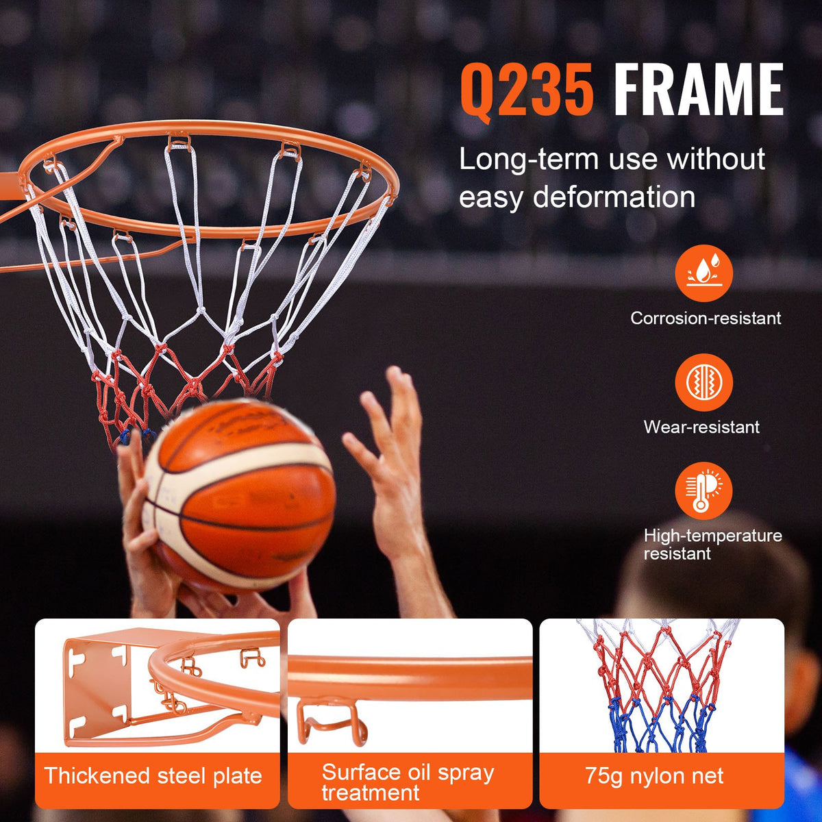 Basketkorg, väggdörrmonterad basketkorg, kraftig Q235 basketmål med flexkant och nät, standard 18" hängande basketkorg för inomhus och utomhusbruk för barn och vuxna