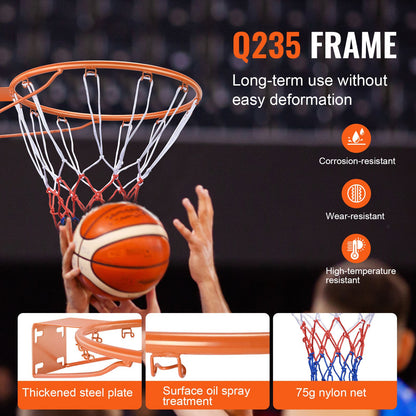Basketkorg, väggdörrmonterad basketkorg, kraftig Q235 basketmål med flexkant och nät, standard 18" hängande basketkorg för inomhus och utomhusbruk för barn och vuxna