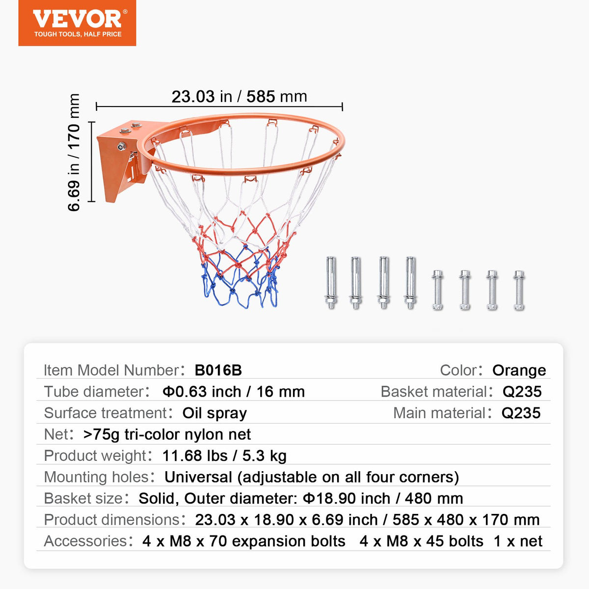 Basketkorg, väggdörrmonterad basketkorg, kraftig Q235 basketmål med flexkant och nät, standard 18" hängande basketkorg för inomhus och utomhusbruk för barn och vuxna