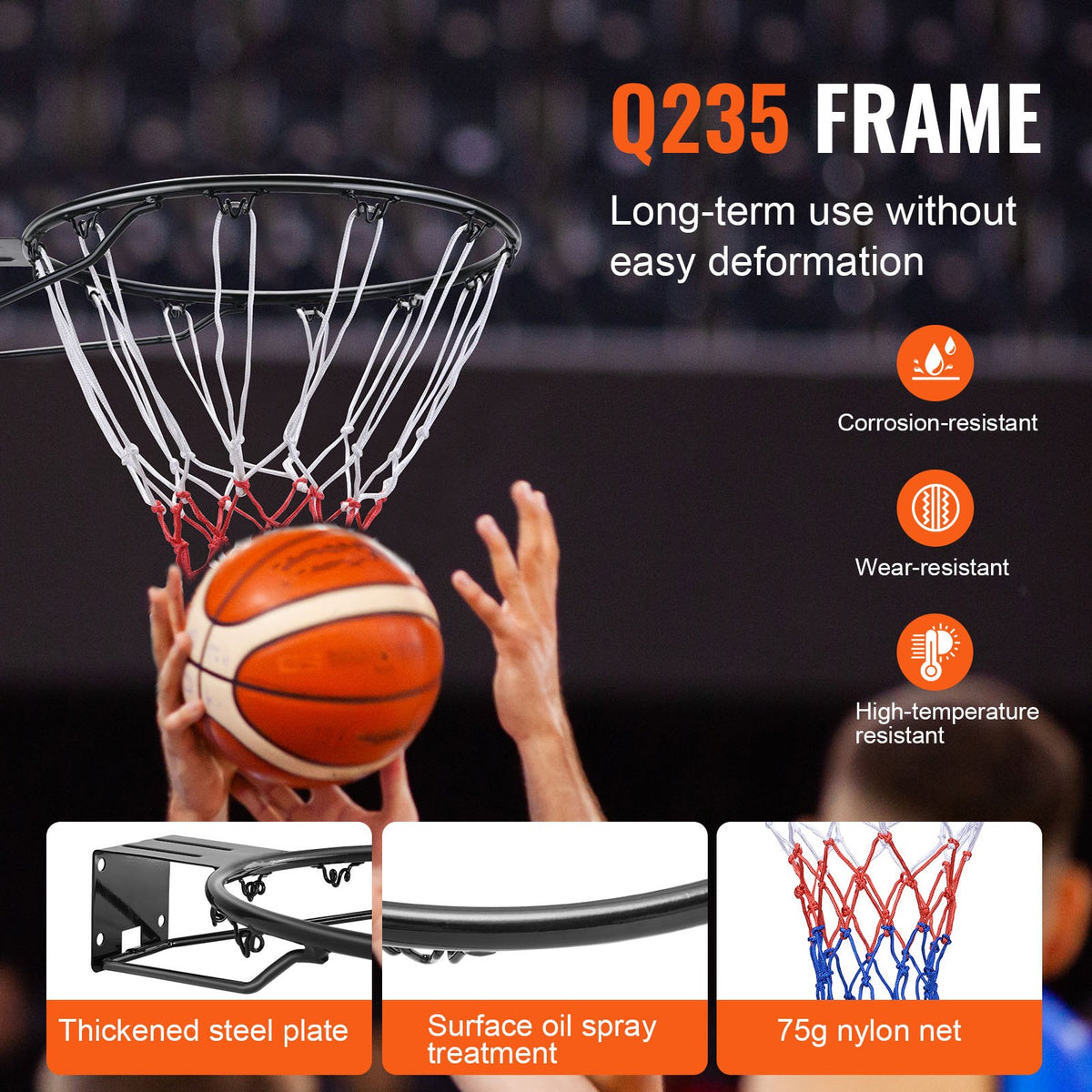 Basketkorg, väggdörrmonterad basketkorg, kraftig Q235 basketmål med flexkant och nät, standard 45 cm hängkorg för inomhusbruk och utomhusbruk, för barn och vuxna