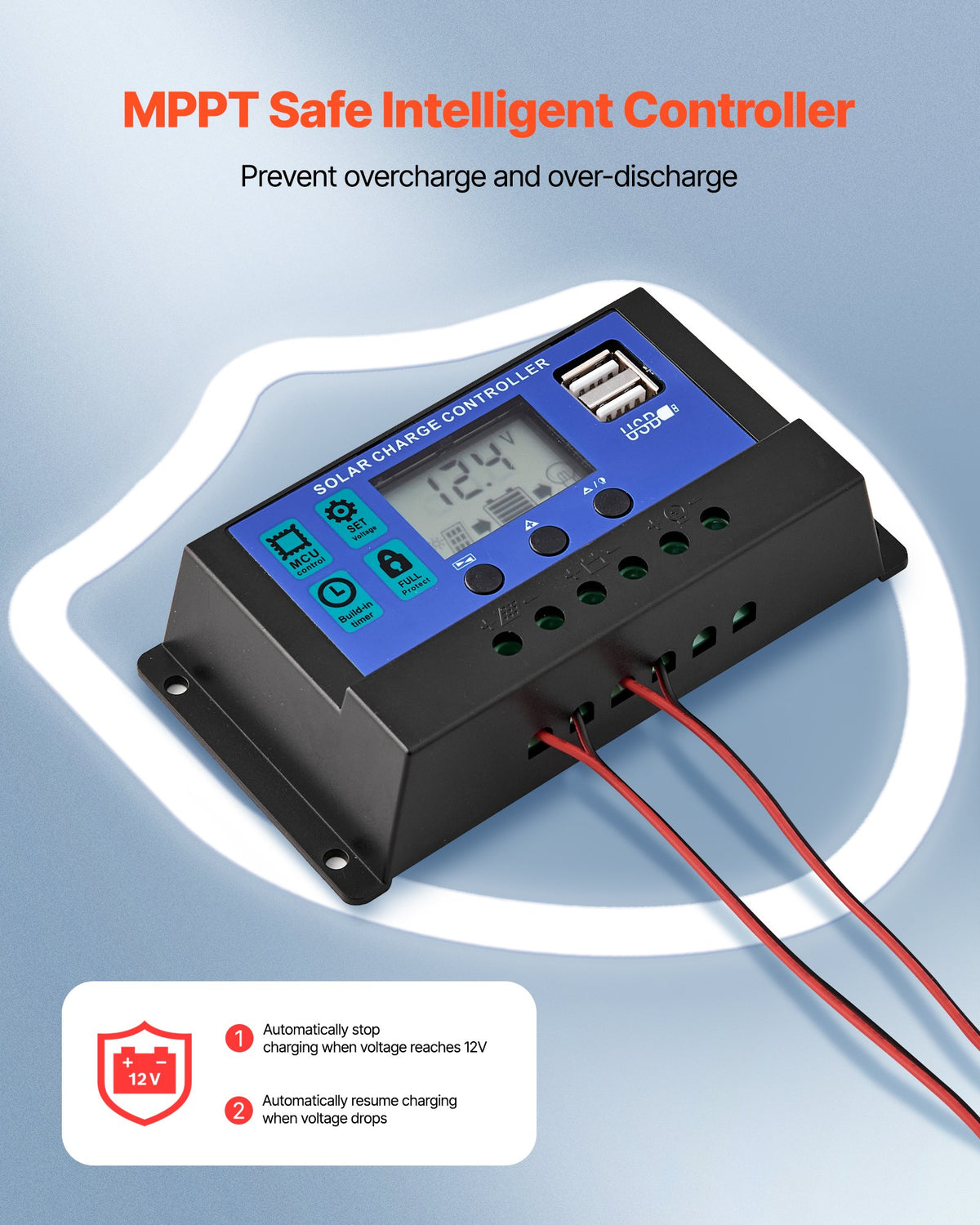 50W 12V solcellsbatteriladdare, mono-solpanel underhållsbatteriladdare med uppgraderad MPPT-kontroller, IP65 vattentät för bil, båt, husvagn, platt tak (fäste ingår ej)