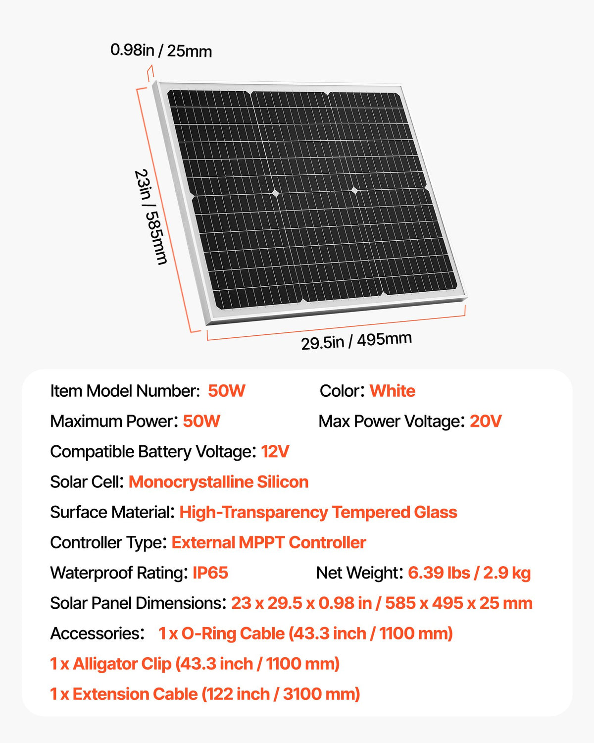 50W 12V solcellsbatteriladdare, mono-solpanel underhållsbatteriladdare med uppgraderad MPPT-kontroller, IP65 vattentät för bil, båt, husvagn, platt tak (fäste ingår ej)
