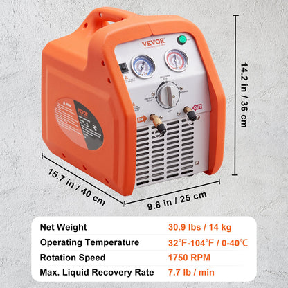 1 hk köldmedieåtervinningsmaskin - Bärbar AC-återvinningsmaskin med dubbla cylindrar och högtrycksskydd 220-240V 50Hz återvinningsmaskin HVAC för ångbaserat flytande köldmedium, billuftkonditionering