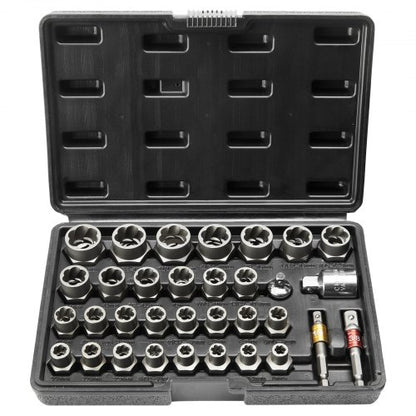 Bultutdragarsats, 29-delars bult- och mutterutdragarsats, 6 mm till 10 mm, 13/32" till 3/4", CR-MO-stålutdragarhylssats med förvaringsfodral, för borttagning av skadade rostiga bultar, muttrar och skruvar