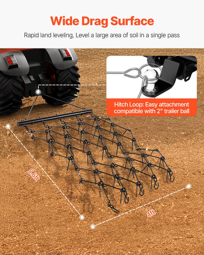 Dragharv, 1,2 m x 1,7 m hållbar kedjeharv med 80 vassa tänder, lämplig för ATV, UTV, traktor, idealisk för jordbearbetning, sådd, jämning av landskap och underhåll av grusuppfarter på gårdsplanen.