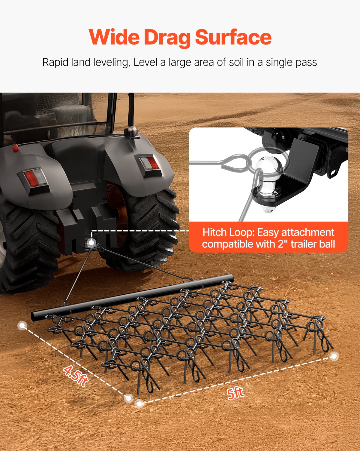 Dragharv, 5 x 4,5 fot hållbar kedjeharv med 60 vassa tänder, lämplig för ATV UTV-traktorer, idealisk för jordbearbetning, sådd, jämning av landskap och underhåll av grusuppfarter på gårdsplanen.