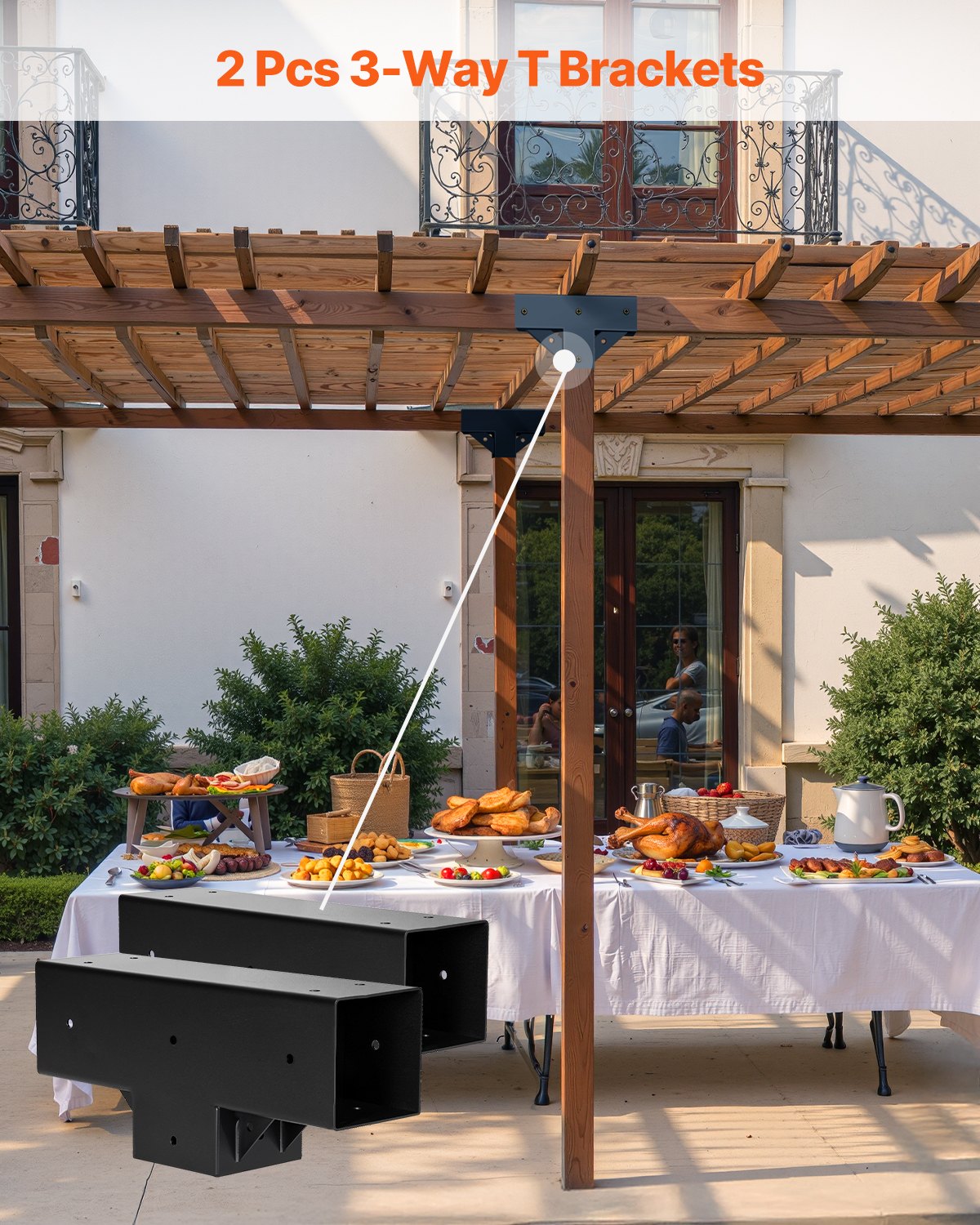 Pergola-kit 2-pack, T-formad 4x4 (faktiska 92 x 92 mm), 3-vägs pergolafästen DIY träbearbetning paviljongfäste-kit med skruvar för 92 x 92 mm träbalkar i verklig storlek för utomhusfest och bankett