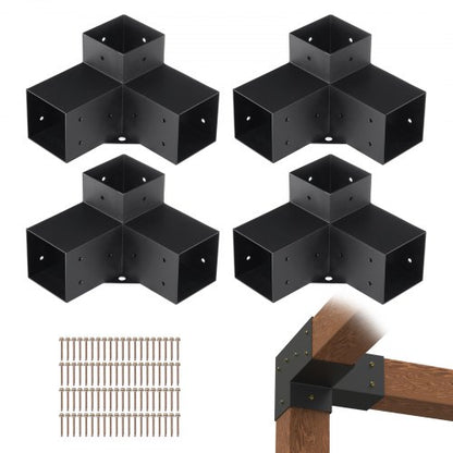 Pergolafästesats 10,2 cm x 10,2 cm, innermått 9,1 cm x 9,1 cm 4 st. 3-vägs kraftiga hörnfästen för träbearbetning, gör-det-själv-stolpebassats, enkel installation av träbjälkar för lusthus, uteplatspergolor, timmerstuga, utomhuspergolabeslag