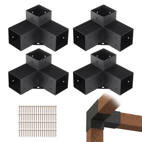 Pergolafästesats 10,2 cm x 10,2 cm, innermått 9,1 cm x 9,1 cm 4 st. 3-vägs kraftiga hörnfästen för träbearbetning, gör-det-själv-stolpebassats, enkel installation av träbjälkar för lusthus, uteplatspergolor, timmerstuga, utomhuspergolabeslag