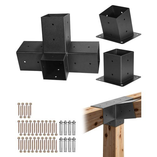 Pergola Kit, 4x4 Inch 4-Way Slanted Bracket for 92 x 92 mm Wood Beams in Actual Size, Carbon Steel Pergola Bracket with Post Base and Wall Mount Base, for Outdoor Pergolas, Gazebos, Sheds