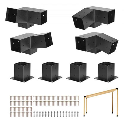 Pergola-kit, 4x4 tums 3-vägs snedställ för 92 x 92 mm träbalkar i verklig storlek, pergolafäste i kolstål med skruvar och stolpbaser, för utomhuspergolor i trä, paviljonger, skjul, 8 st