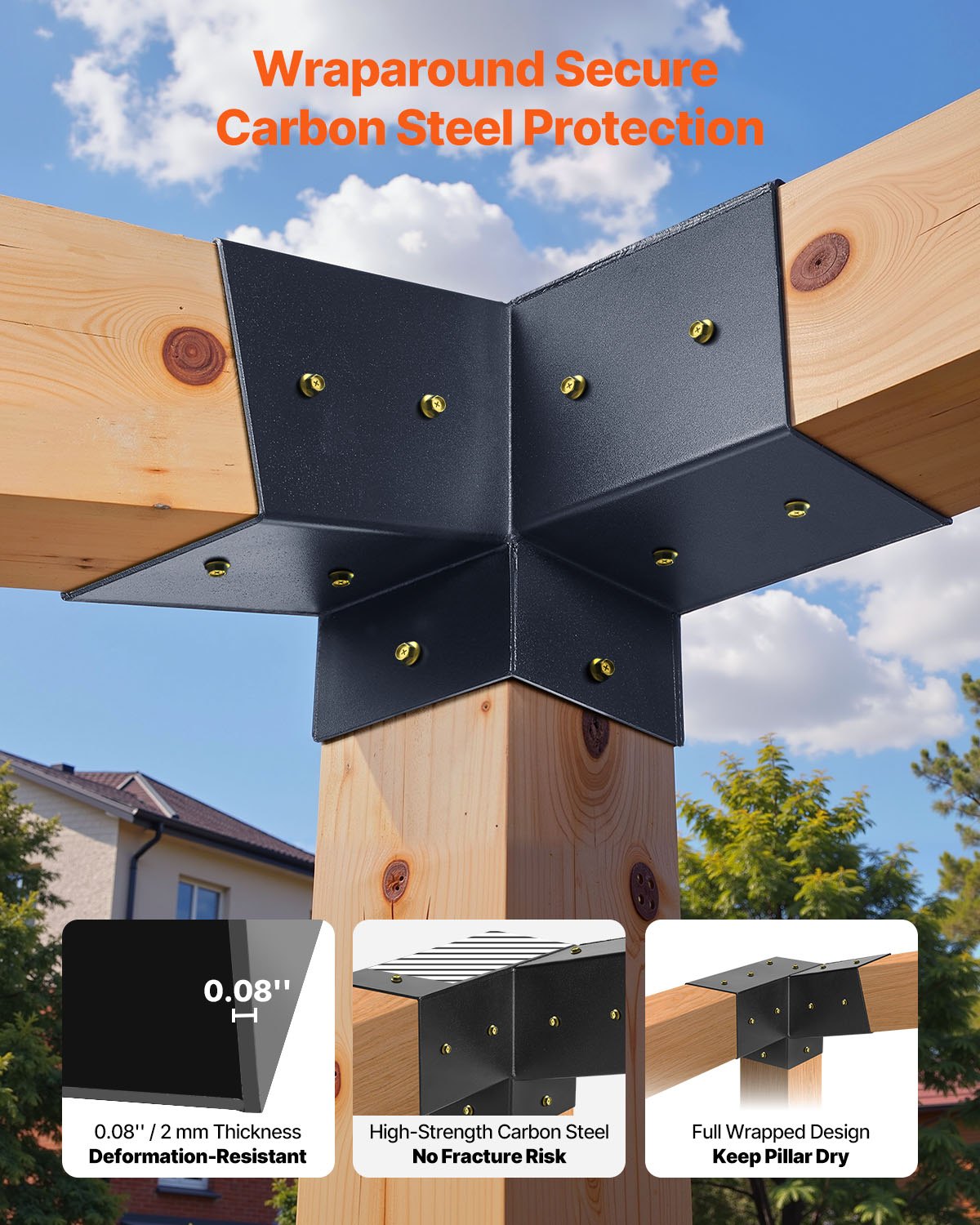 Pergola-kit, 4x4 tums 3-vägs snedställ för 92 x 92 mm träbalkar i verklig storlek, pergolafäste i kolstål med skruvar och stolpbaser, för utomhuspergolor i trä, paviljonger, skjul, 8 st