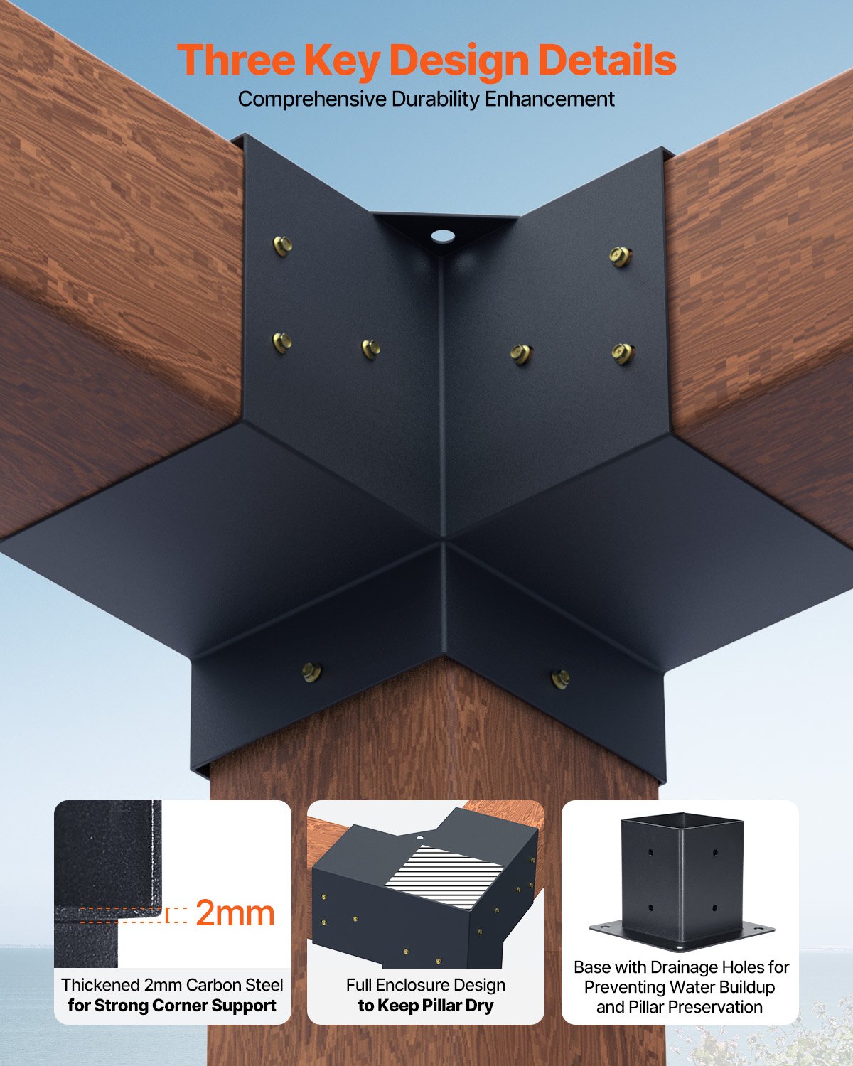 Pergola Bracket Kit, 4x4 Inch (Inner Size 92 x 92 mm), 4 Pcs 3-Way Heavy Duty Corner Bracket Woodworks DIY Post Base Kit, Easy Installation Wooden Beams for Gazebos, Patio Pergolas, Log Cabin