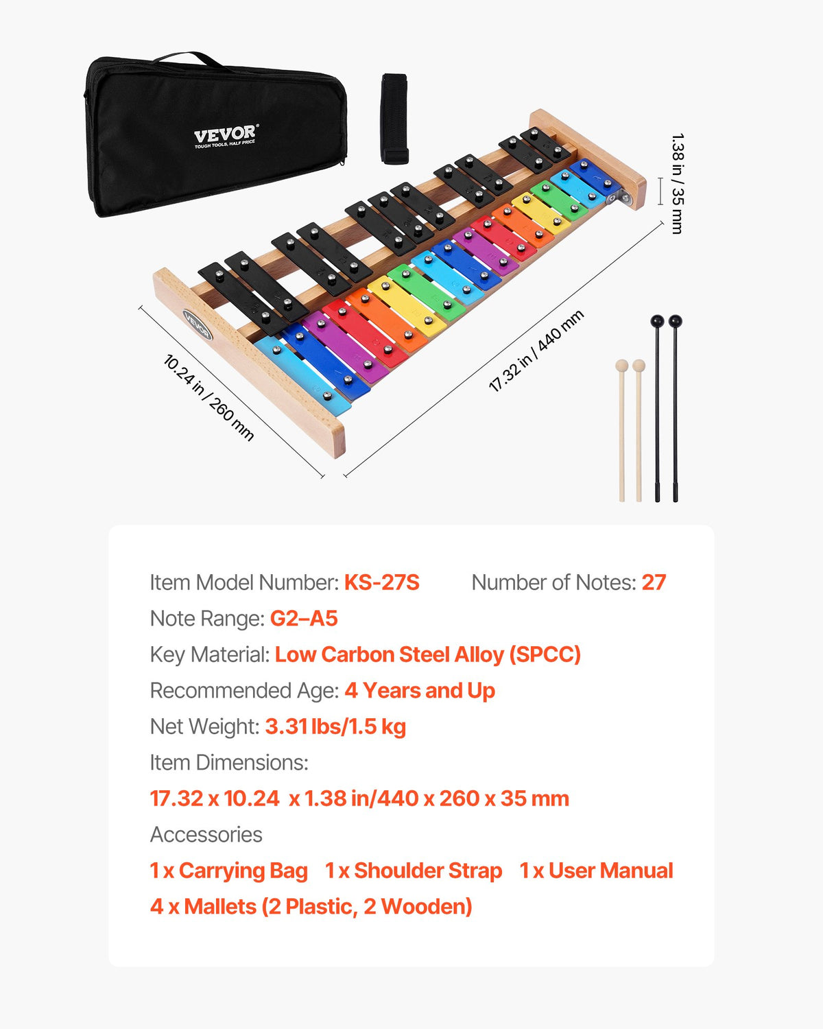 Glockenspiel Xylophone, 27 Notes, Professional Xylophone Percussion Instrument, with Colorful Metal Keys, Includes 4 Mallets, Carrying Bag, Beginner Musical Instrument Kit for Adults and Kids