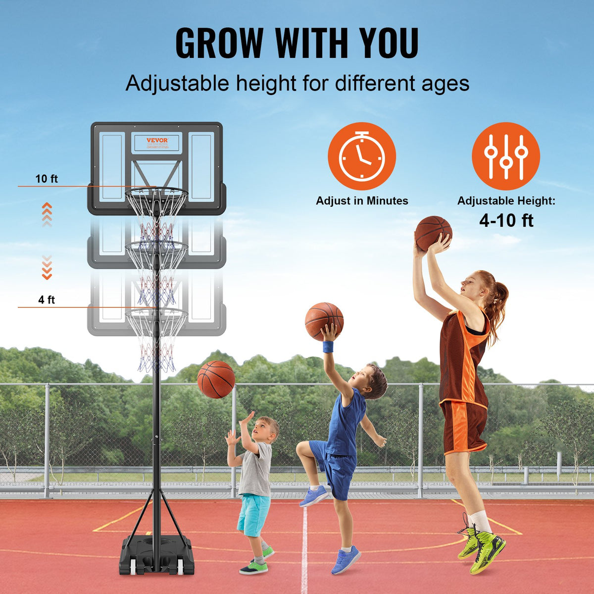 Basketkorg, 1,2-3 meter justerbar höjd, bärbar ryggstödsystem, 102 cm basketkorg och mål, basketset för barn och vuxna med hjul, stativ och fyllbar bas, för utomhus-/inomhusbruk