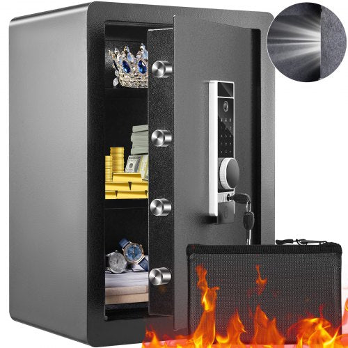 Kassaskåp, 62 L hemkassaskåp, stålsäkerhetsskåp med fingeravtryck, digital knappsats och 2 nycklar, skåpskåp med stor brandsäker väska, skyddar kontanter, guld, smycken, dokument, 40 × 33 × 60 cm