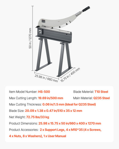Giljotinsax, 500 mm bäddbredd bänkskärare, manuell handplåtsax för metallplåtbearbetning, med Q235-material, hög precision, stativ, för kretskort, aluminium, stål, koppar, plast