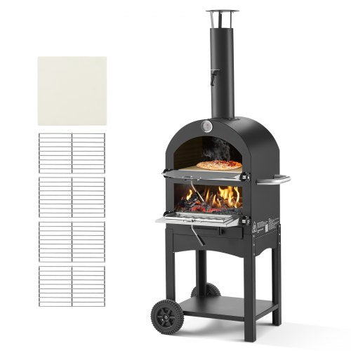 Utomhuspizzaugn, 12" pelletsugn, 2-lagers pizzaugn vedeldad, vedeldad utomhuspizzaugn med 2 avtagbara hjul, maxtemperatur 1000℉, pizzaugnar för grillning