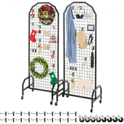 2 Packs Grid Wall Panels, 600 x 1640mm Wire Grid Panels Display Rack, Movable Art Display Shelf with Wheels and 20 Hooks, Black Carbon Steel Gridwall for Craft Show, Decor, Storage, Notice Board