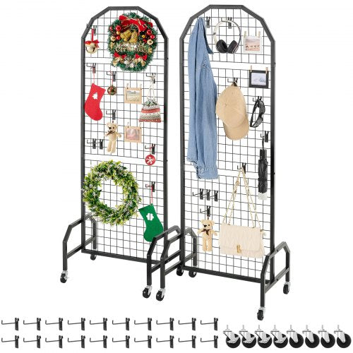 2-pack väggpaneler med rutnät, 600 x 1640 mm ställ för konstdisplayer med hjul och 20 krokar, svart rutnät i kolstål för hantverksutställning, dekoration, förvaring, anslagstavla
