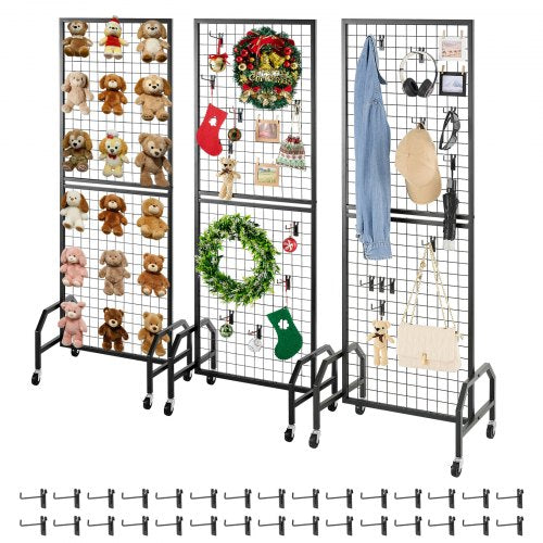 3-pack väggpaneler med rutnät, 600 x 1640 mm ställ för konstdisplayer med hjul och 30 krokar, svart rutnät i kolstål för hantverksutställning, dekoration, förvaring, anslagstavla