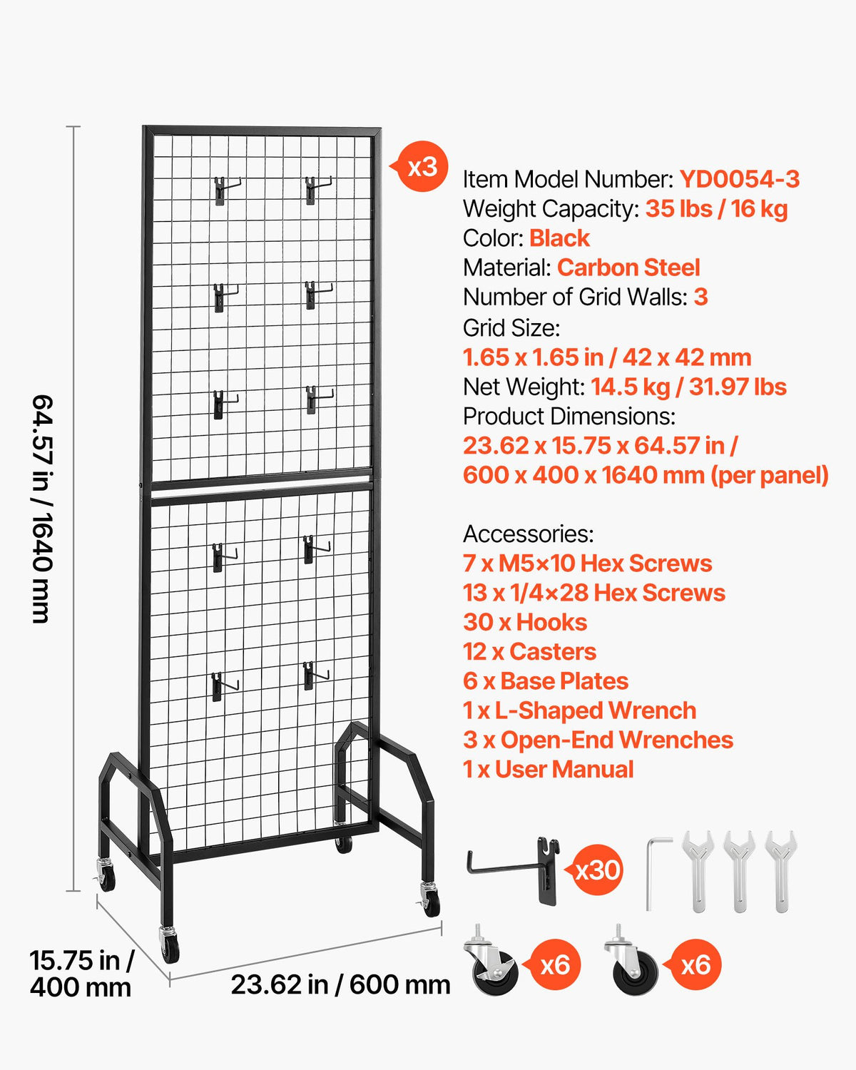 3-pack väggpaneler med rutnät, 600 x 1640 mm ställ för konstdisplayer med hjul och 30 krokar, svart rutnät i kolstål för hantverksutställning, dekoration, förvaring, anslagstavla